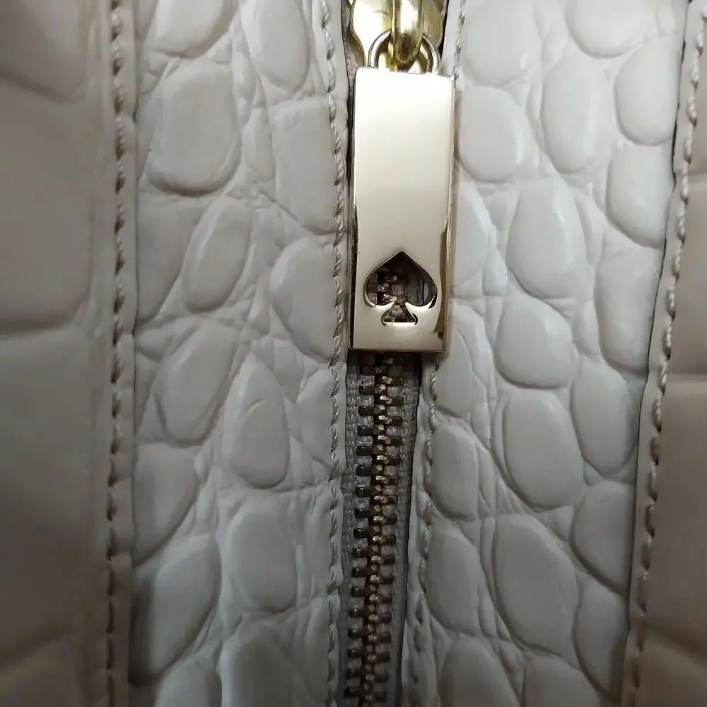Kate Spade New York Ivory Leather Crocodile Embossed Top Handle Satchel Bag